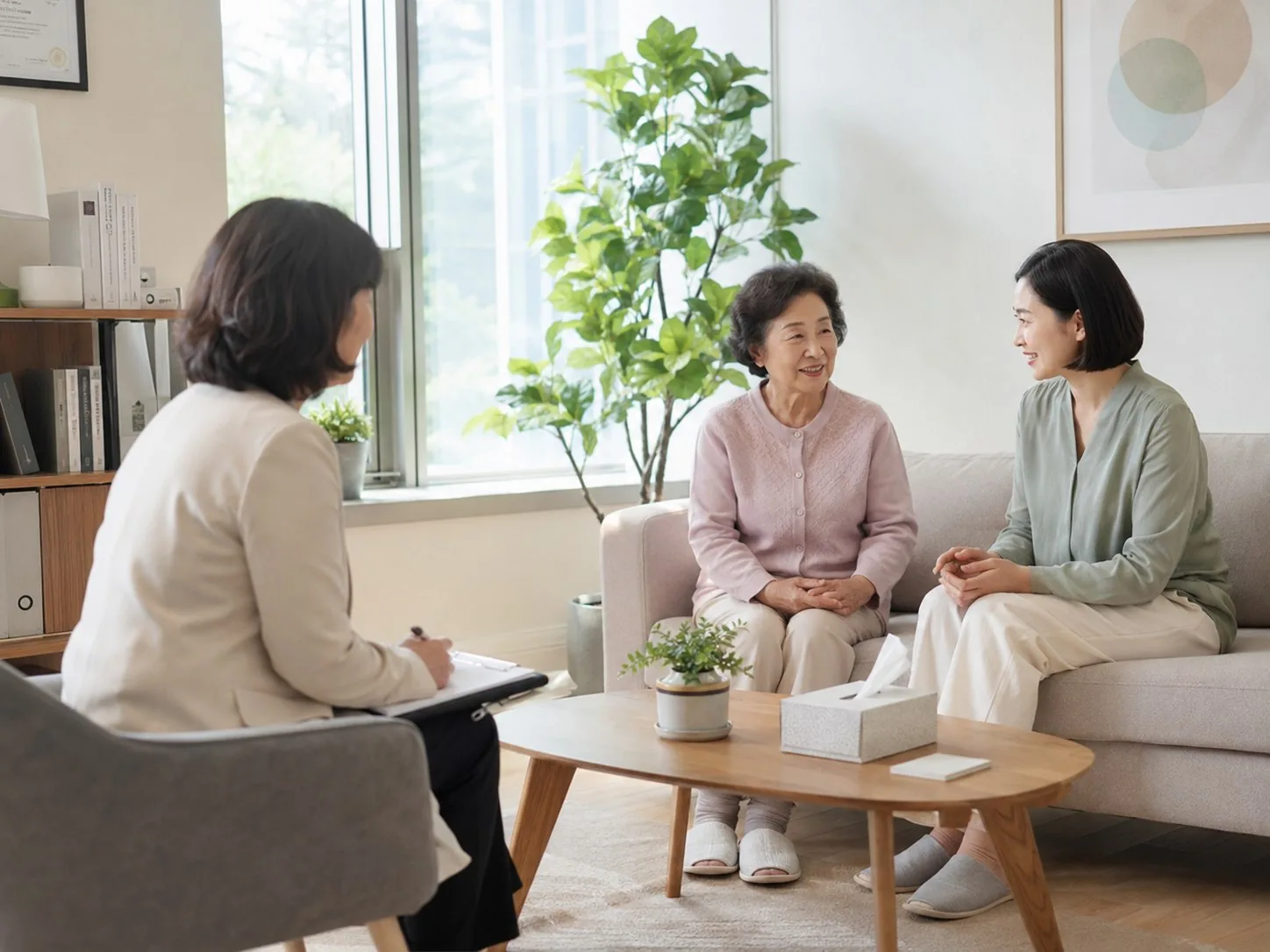 상담실에서 상담사와 이야기를 나누는 어머니와 딸